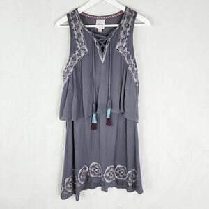 Knox Rose Tiered Lace-up Dress Women M Grey Embroidered Sleeveless Tassels EUC